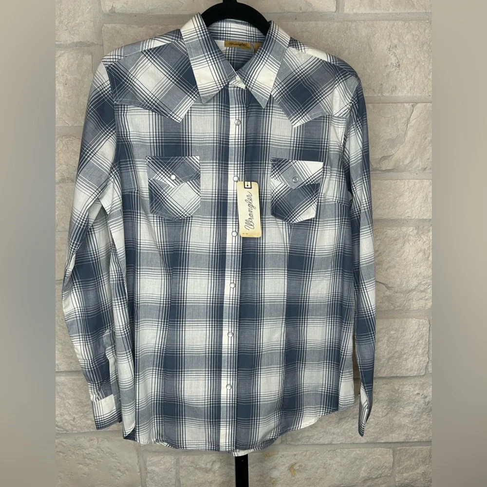 Wranglers Plaid Shirt Faux Pearl Snaps NWT Size Large Blue and Cream - Picture 1 of 6
